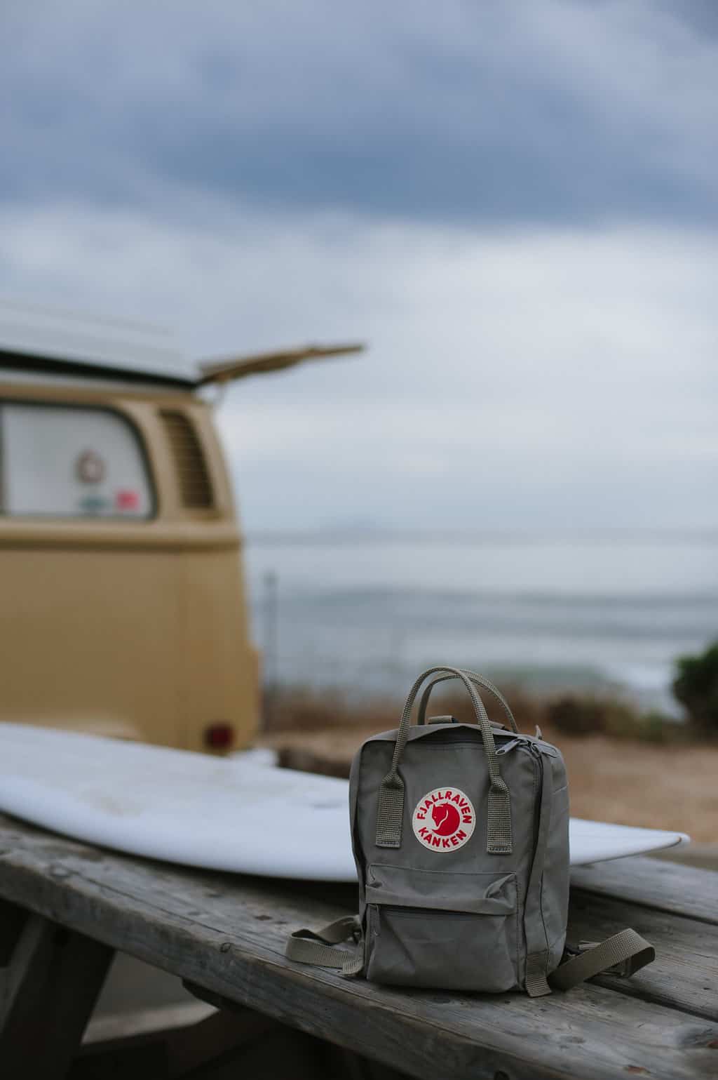 vw bus road trip backpack on picnic table