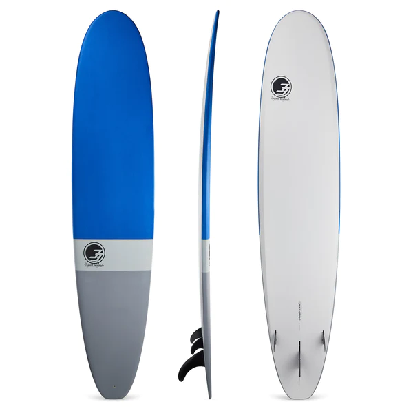 prancha de surfe nine foot degree 33 ultimate soft top em azul e cinza