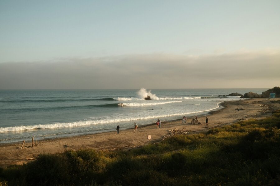 surfers and beachgoers at california beach