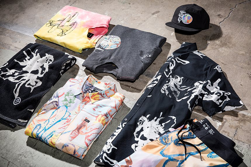 colorful shirts, shorts, hat, and towel by RVCA surf company