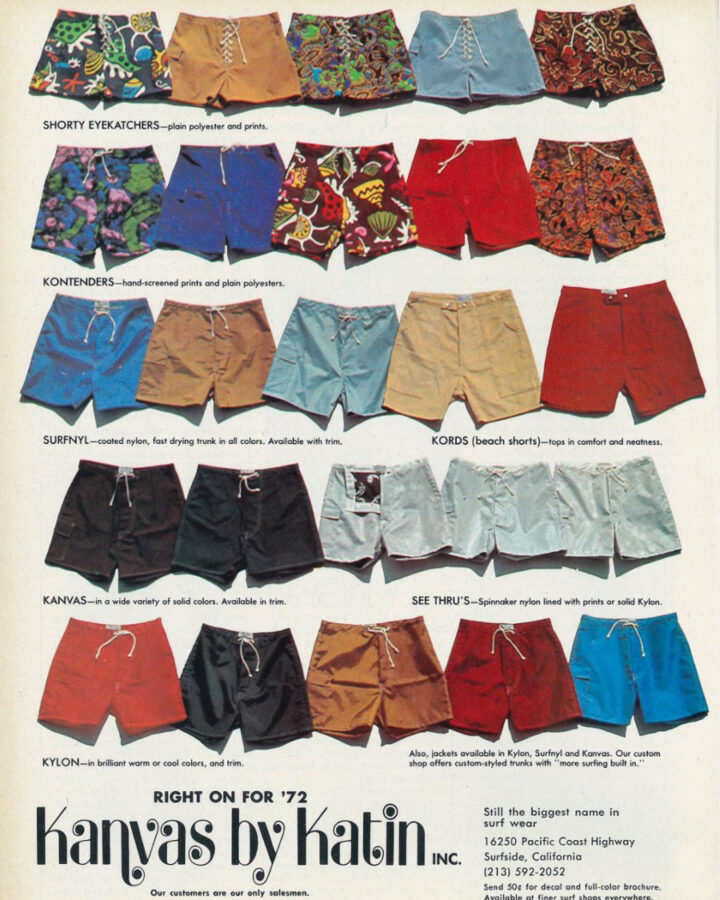 Anúncio de 1972 para boardshorts da marca clássica de surfe Katin