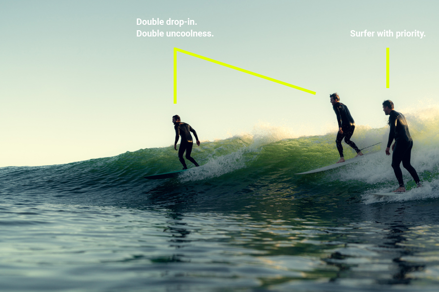 bad surfing etiquette - two surfers dropping in on another surfer