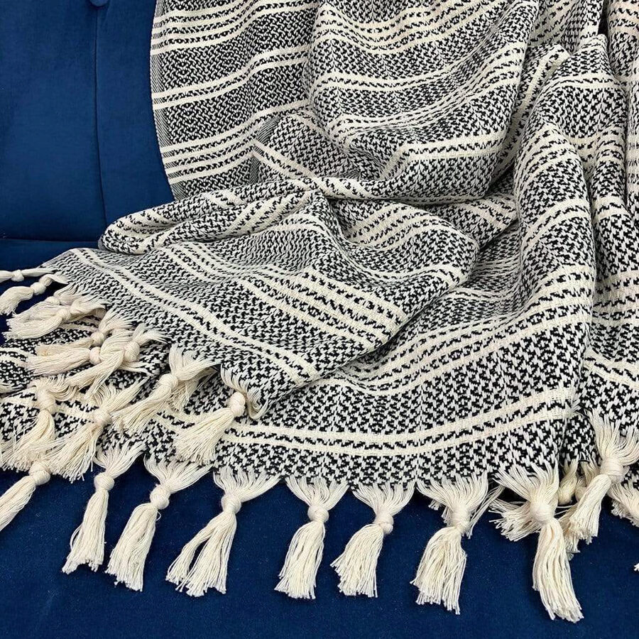 black and white turkish beach blanket with tassels