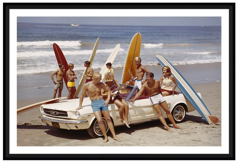 Vintage surf photography print of people at the beach with surfboards