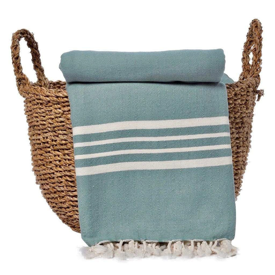 turkish beach blanket in teal with white stripes