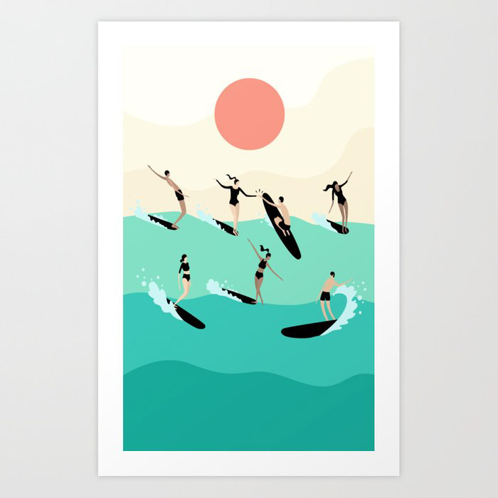 Art print of surfers surfing a wave together