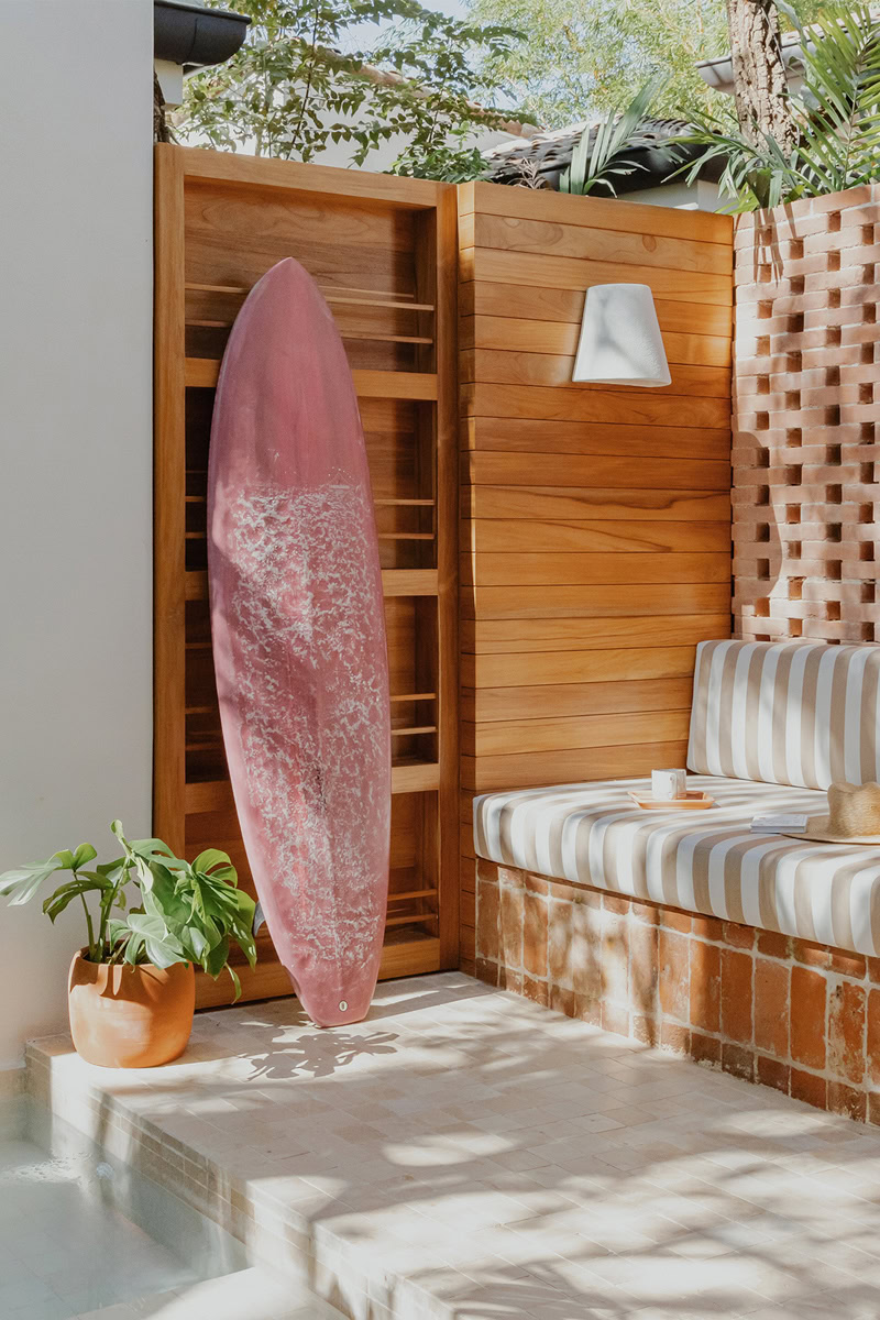 costa-rica-surf-trip-surfboard styled surfboard photo at boutique hotel personal plunge pool