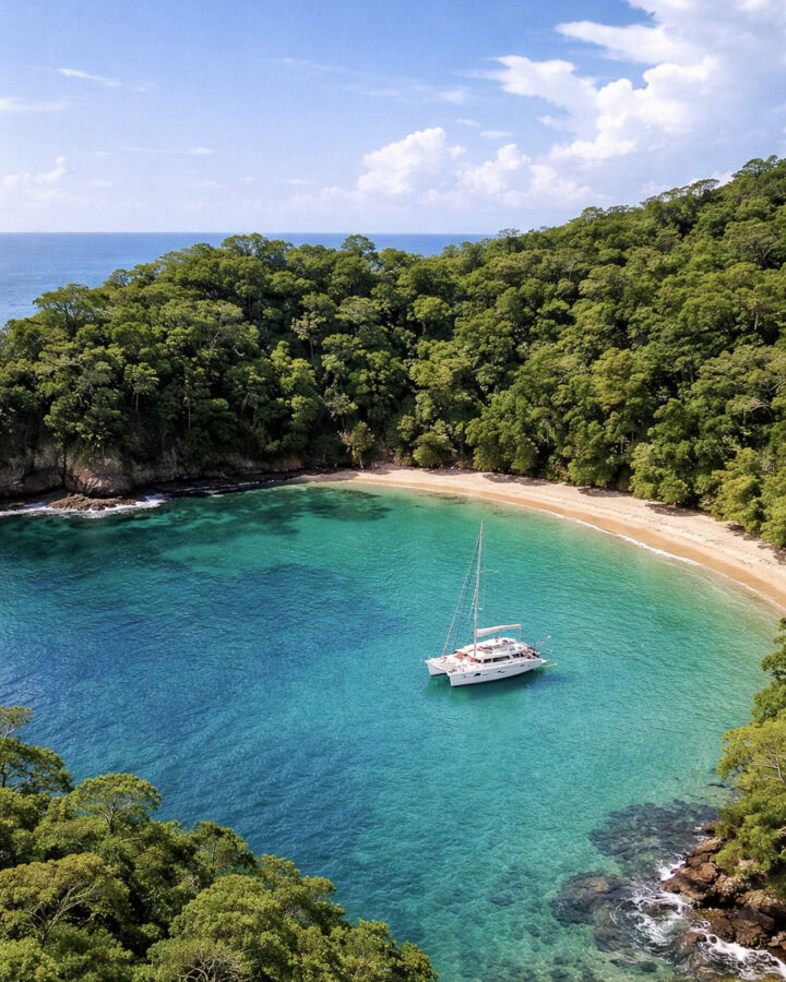 luxury catamaran anchored in private tropical bay